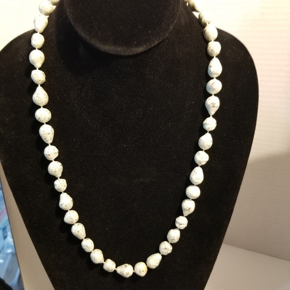 Silver spotted white irregular shaped beads 22" necklace